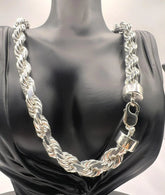 Solid 925 Sterling Silver Italian Rope Chain Mens Necklace 12.5mm - Diamond Cut