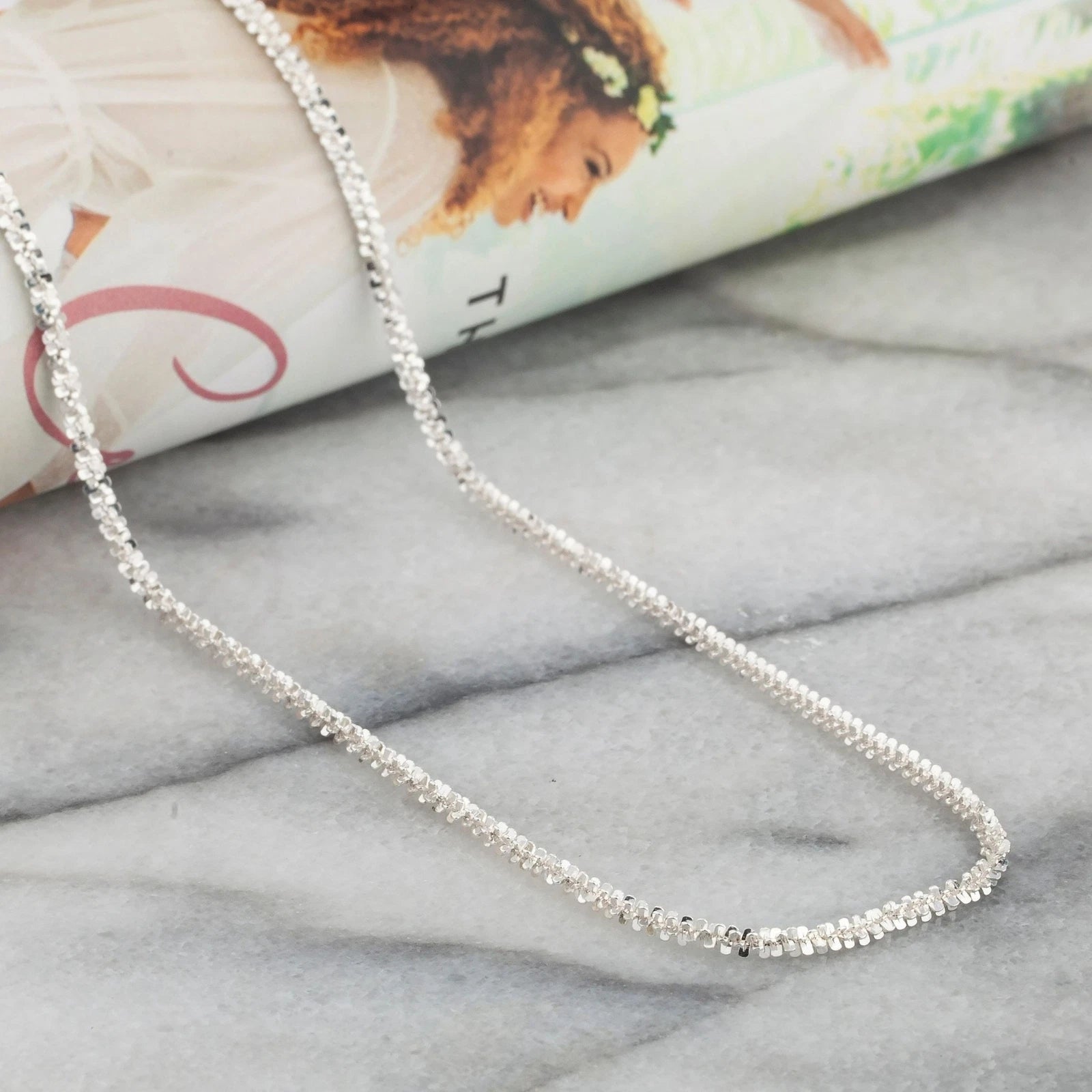 2mm Twisted Rock Sparkle Glitter Chain Necklace Real 925 Sterling Silver