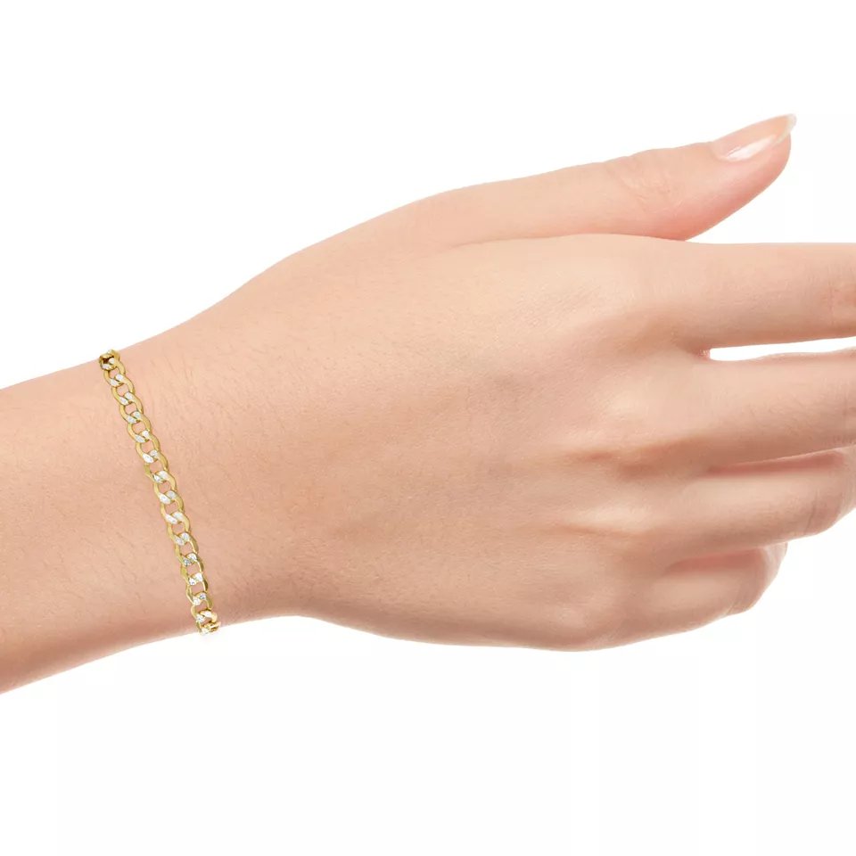 10K Yellow Gold 2.6mm Diamond Cut White Pave Cuban Curb Chain Bracelet 8''