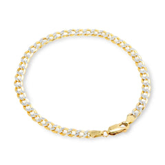 10K Yellow Gold 2.6mm Diamond Cut White Pave Cuban Curb Chain Bracelet 8''