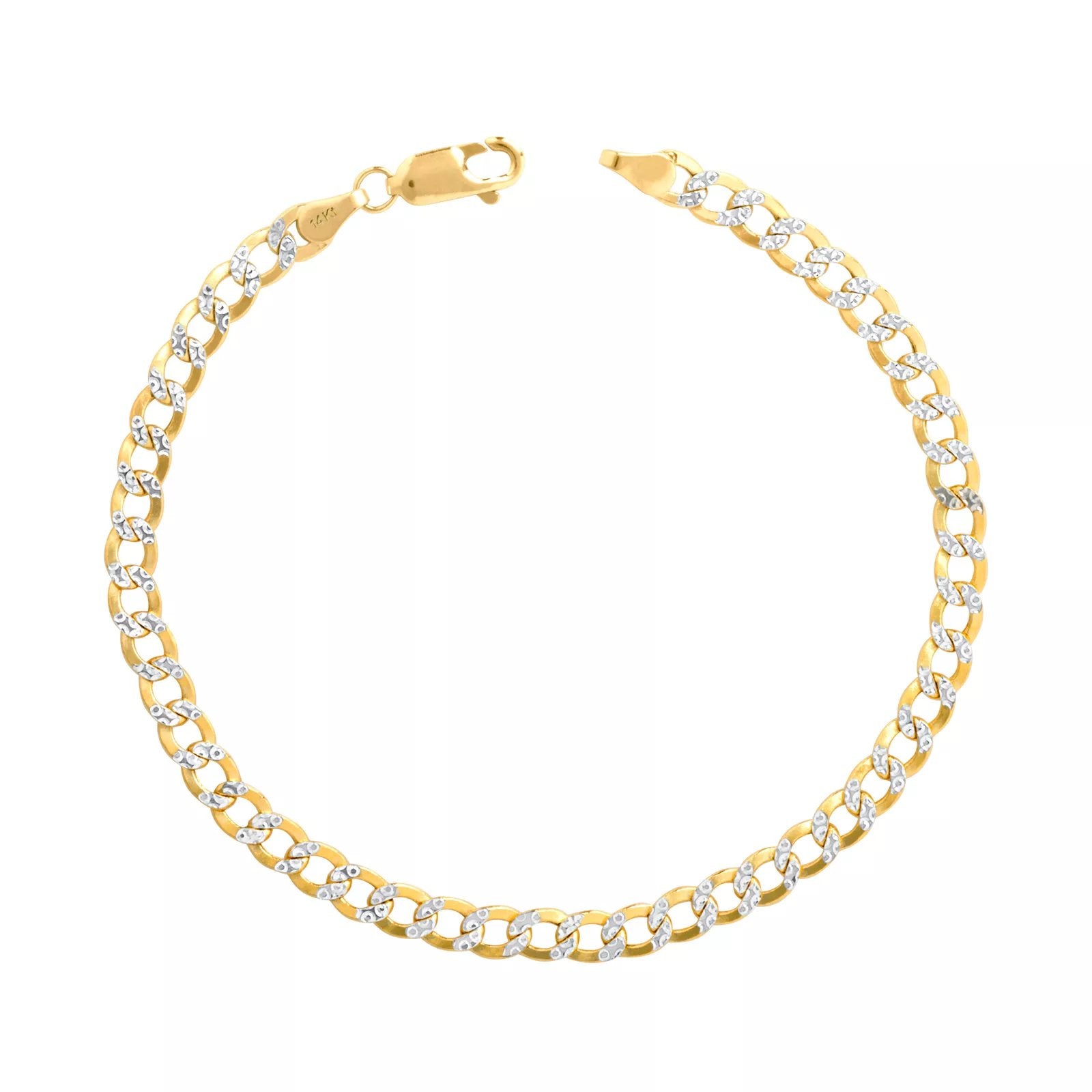 14K Yellow Gold 4.7mm Diamond Cut White Pave Cuban Curb Chain Bracelet 7.25''