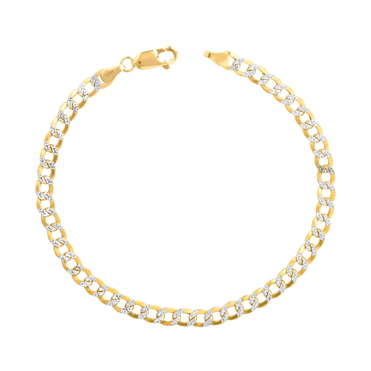 14K Yellow Gold 4.7mm Diamond Cut White Pave Cuban Curb Chain Bracelet 7.25''
