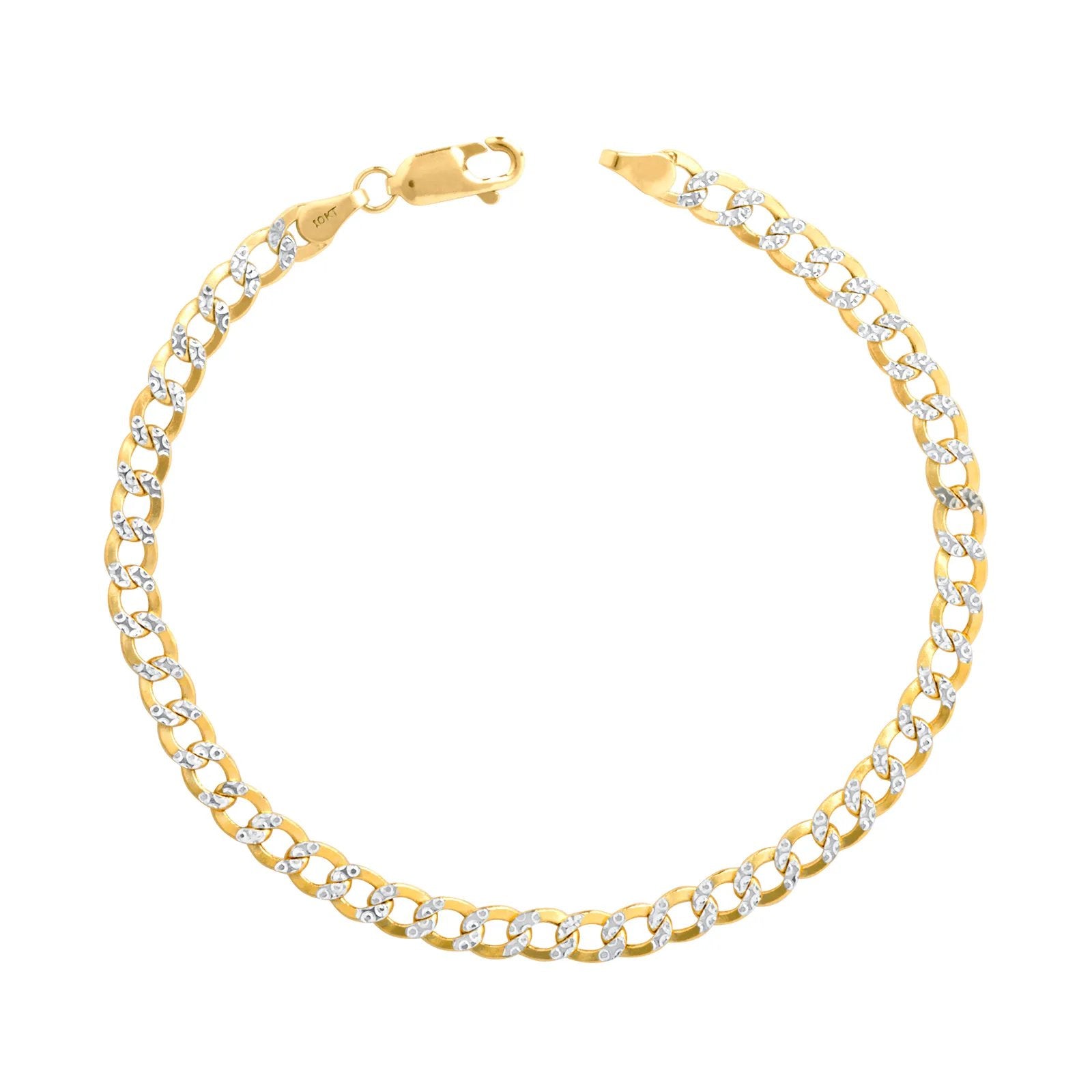 10K Yellow Gold 2.6mm Diamond Cut White Pave Cuban Curb Chain Bracelet 8''