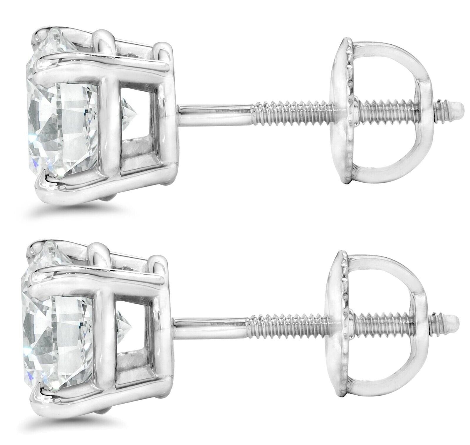 2 Carat TW Real Natural Round Diamond Solitaire Stud Earrings 14K White Gold