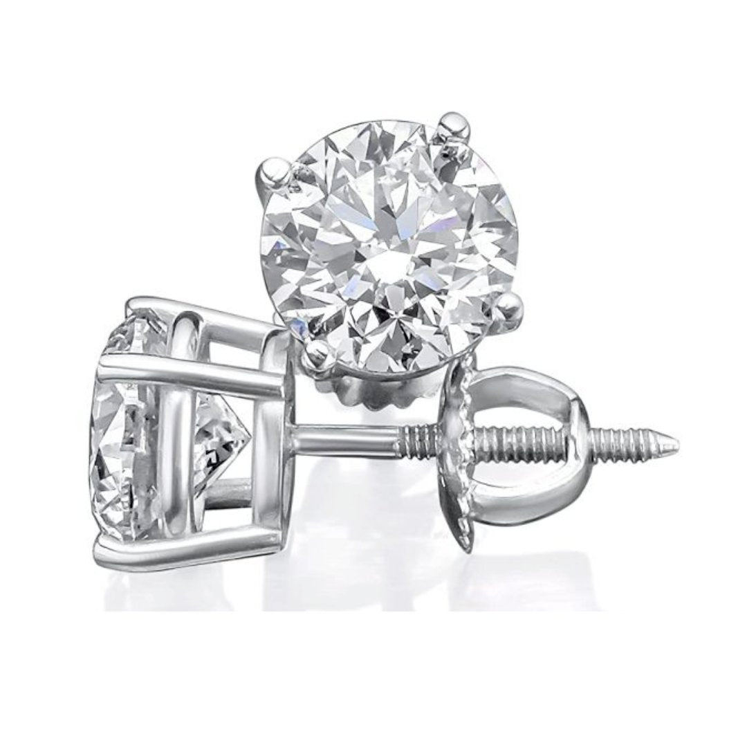 2 Carat TW Real Natural Round Diamond Solitaire Stud Earrings 14K White Gold