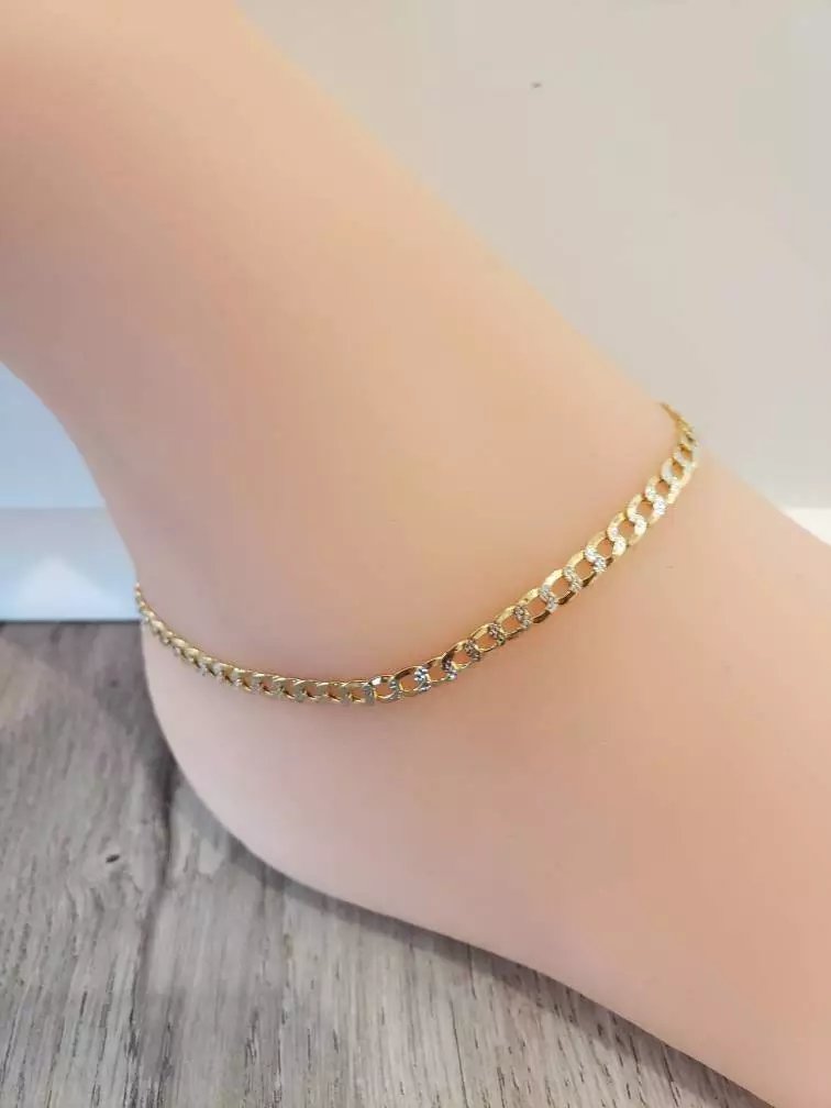 10K Yellow Gold 3.5mm Diamond Cut White Pave Cuban Curb Chain Anklet 9''