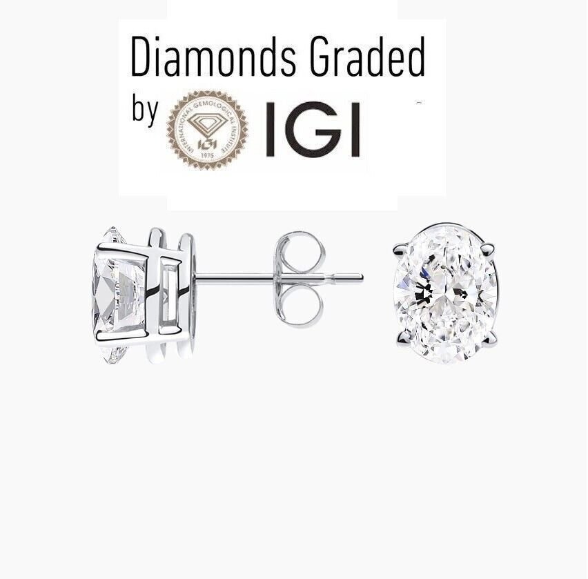3ct Oval Lab Grown Diamond Studs E VS1 IGI Certified 14kt White Gold Pushback
