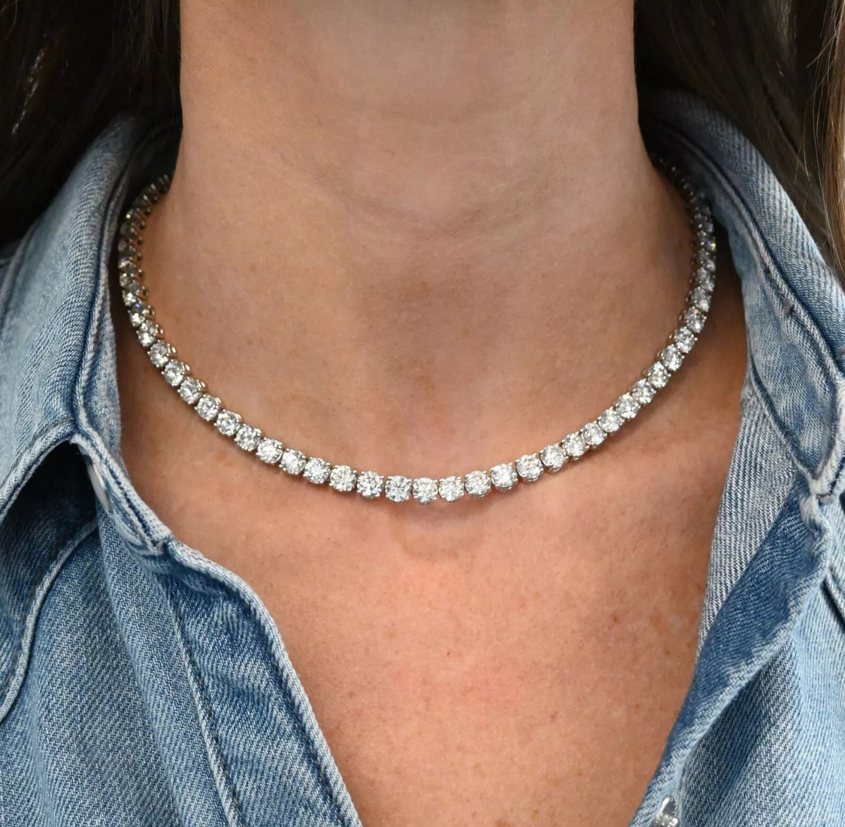 30 Carat Lab Grown Diamond Tennis Necklace 14k White Gold 16” Inch D Vs