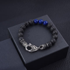 Black Lava Volcanic Lapis Stainless Steel Beaded Bracelet, Men's