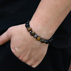  Black Onyx Tiger Eye Hematite Stainless Steel Beaded Bracelet
