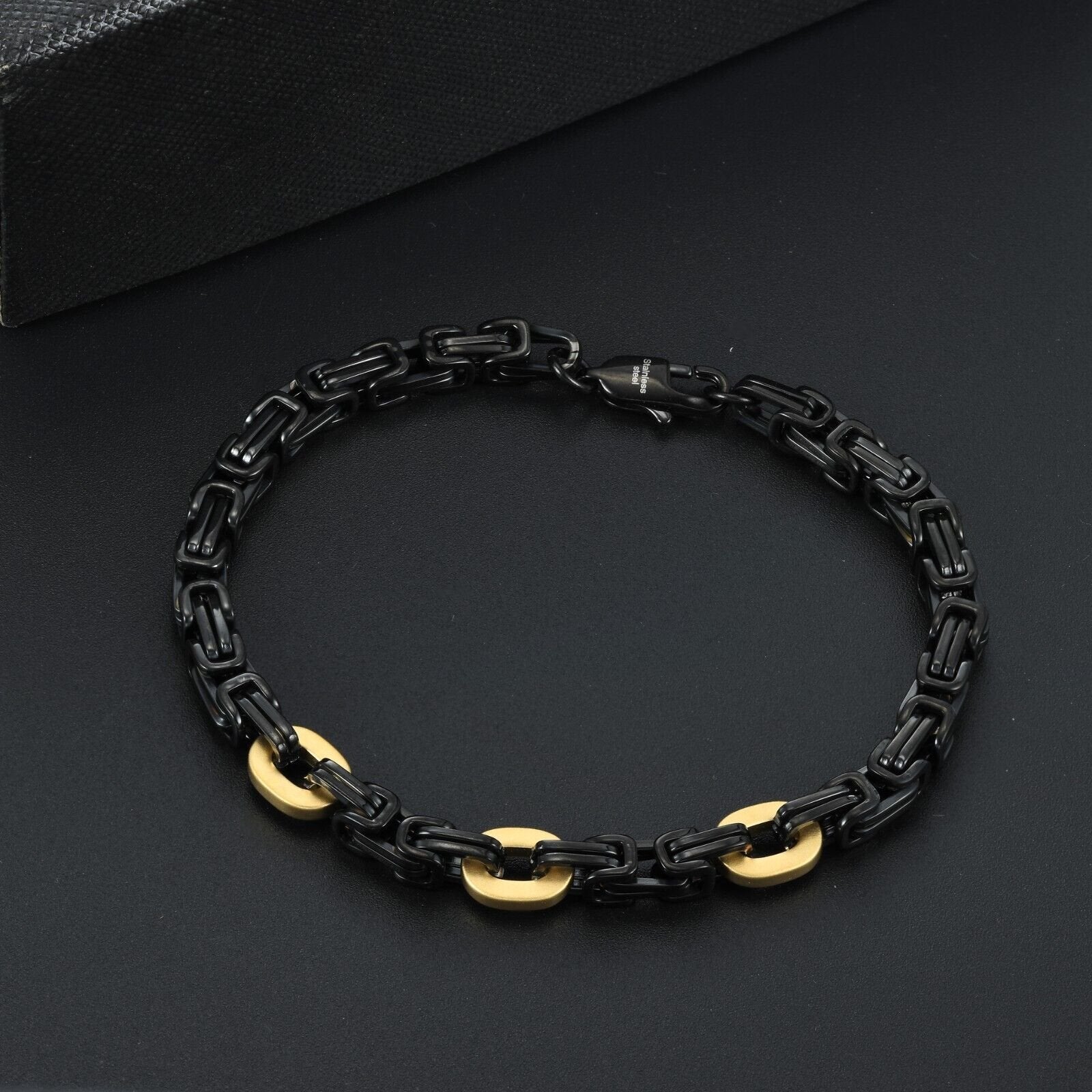 Black Stainless Steel 5mm Byzantine Link Chain Bracelet IP Gold Men's 8.5