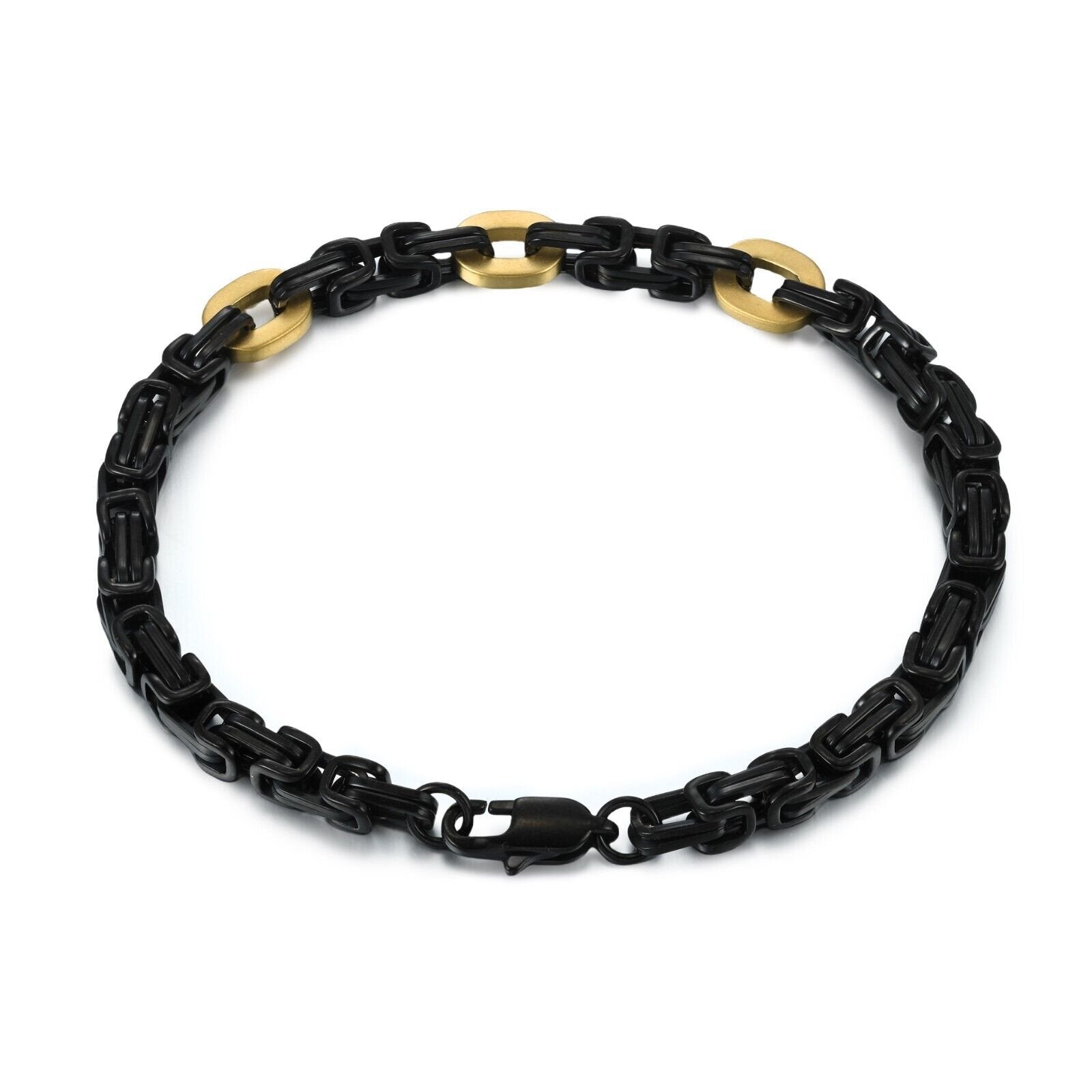 Black Stainless Steel 5mm Byzantine Link Chain Bracelet IP Gold Men's 8.5"