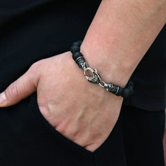 Genuine Black Lava Volcanic Lapis Stainless Steel Beaded Bracelet, Men's