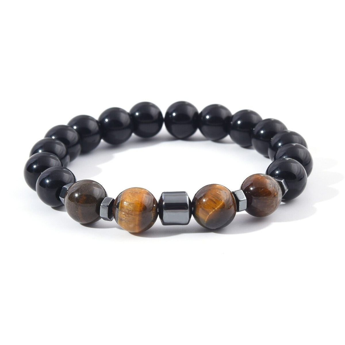 Genuine  Black Onyx Tiger Eye Hematite 10mm Stainless Steel Beaded Bracelet