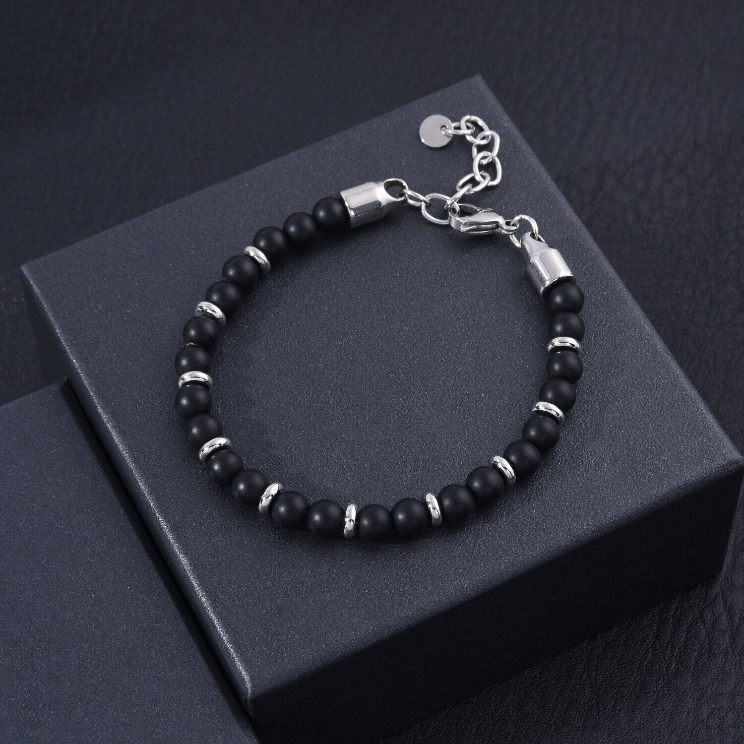 Genuine Matte Black Agate Stone Stainless Steel 6mm Beaded Bracelet For Men