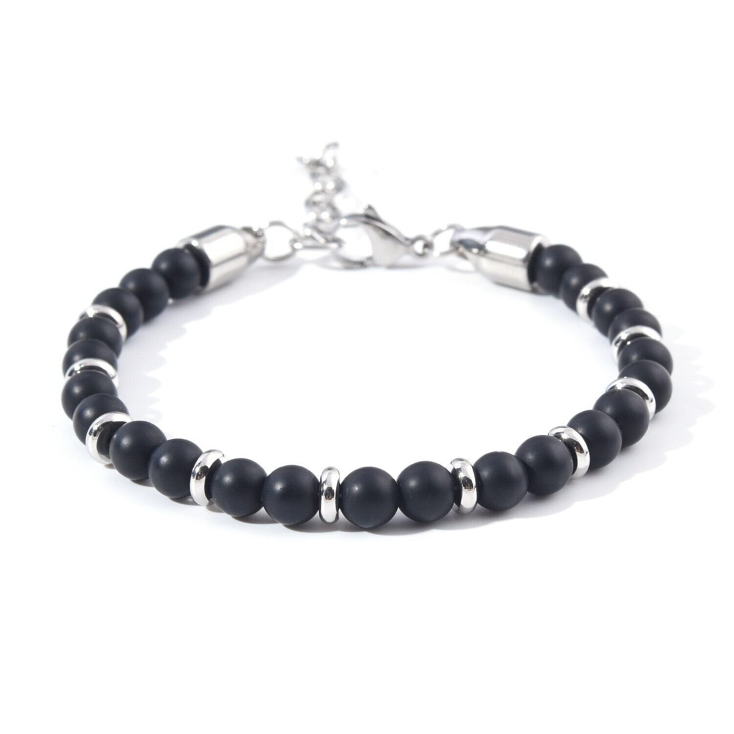 Genuine Matte Black Agate Stone Stainless Steel 6mm Beaded Bracelet For Men