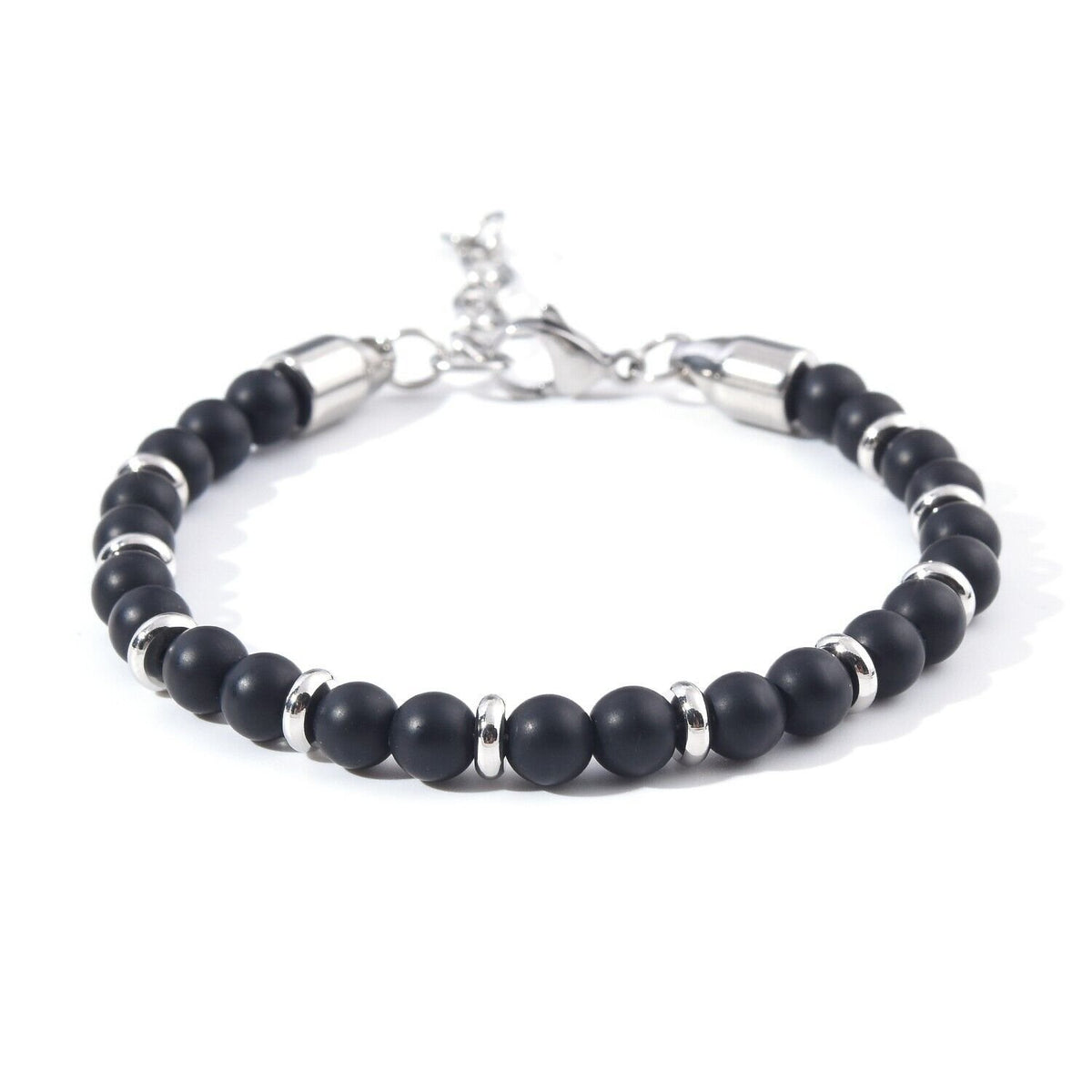 Genuine Matte Black Agate Stone Stainless Steel 6mm Beaded Bracelet For Men