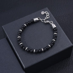 Genuine Matte Black Agate Stone Stainless Steel 6mm Beaded Bracelet For Men