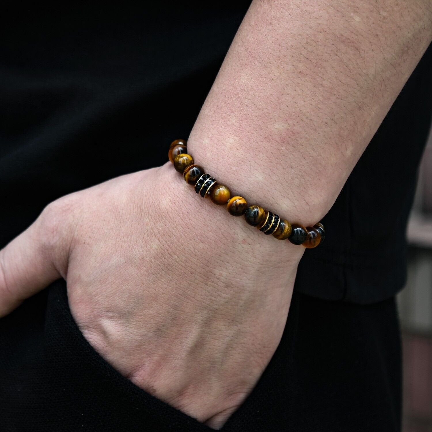 Genuine Tiger Eye 18k Gold Stainless Steel Beaded Bracelet 8mm For Men