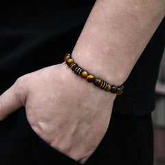 Genuine Tiger Eye 18k Gold Stainless Steel Beaded Bracelet 8mm For Men