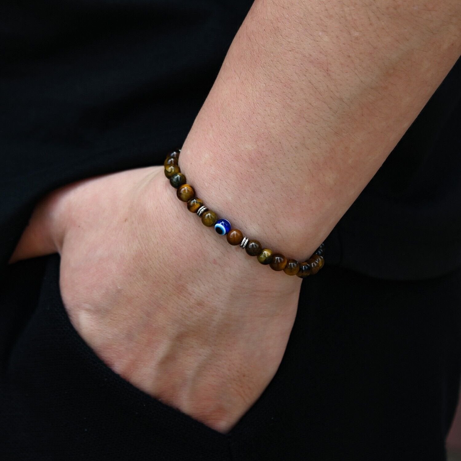 Genuine Tiger Eye Turquoise Natural 6mm Stone Bracelet Evil Eye Men Jewelry