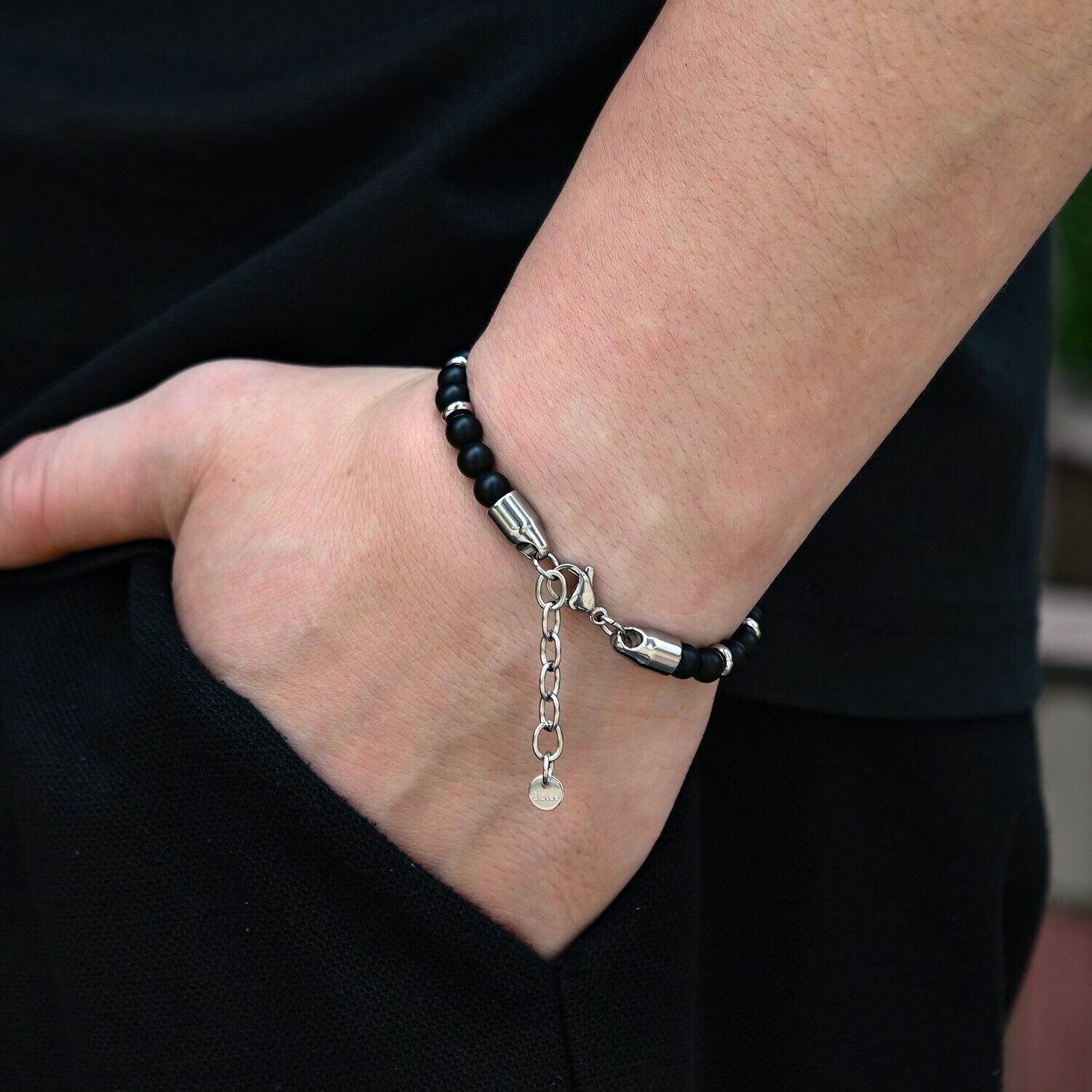 Genuine Matte Black Agate Stone Stainless Steel 6mm Beaded Bracelet For Men
