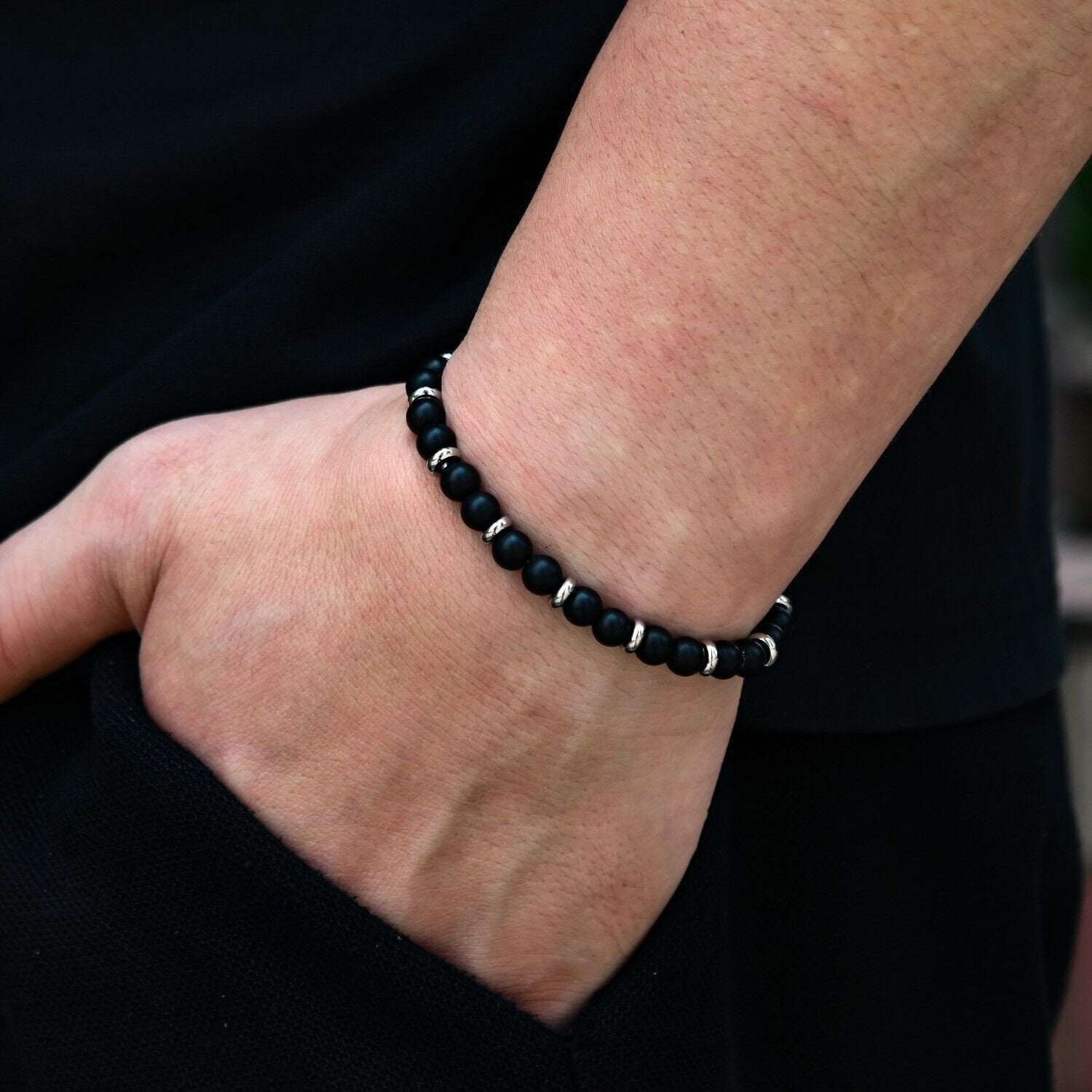 Genuine Matte Black Agate Stone Stainless Steel 6mm Beaded Bracelet For Men