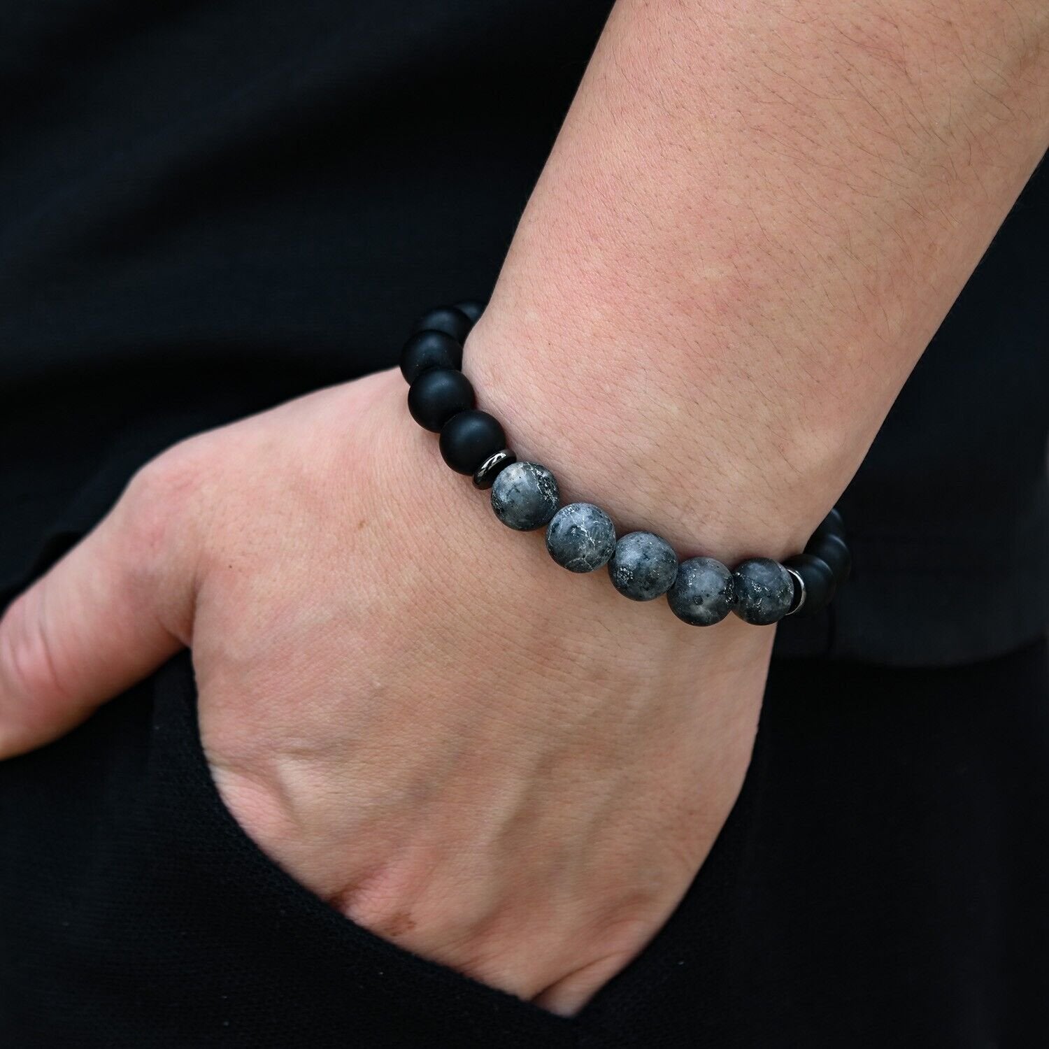 Matte Black Onyx Stainless Steel Beaded Bracelet  10mm For Men Or Women