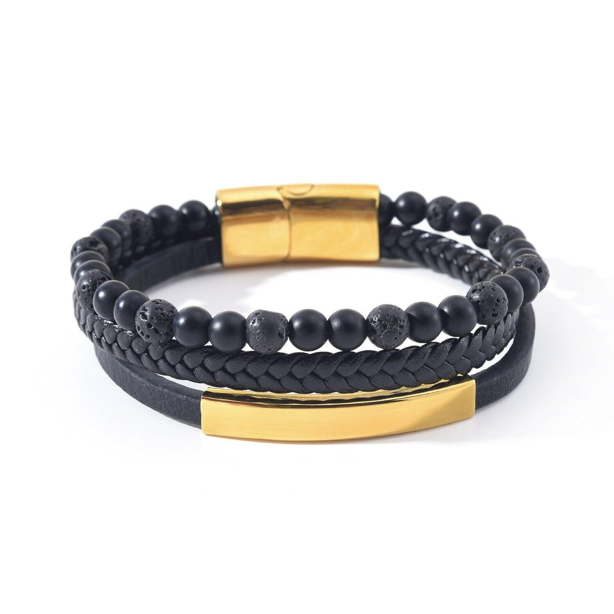 Men's Layered 18k Gold Braided Genuine Leather Black Onyx Lava Beaded Bracelet