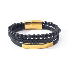 Men's Layered 18k Gold Braided Genuine Leather Black Onyx Lava Beaded Bracelet