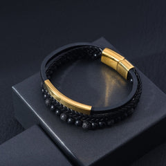 Men's Layered 18k Gold Braided Genuine Leather Black Onyx Lava Beaded Bracelet