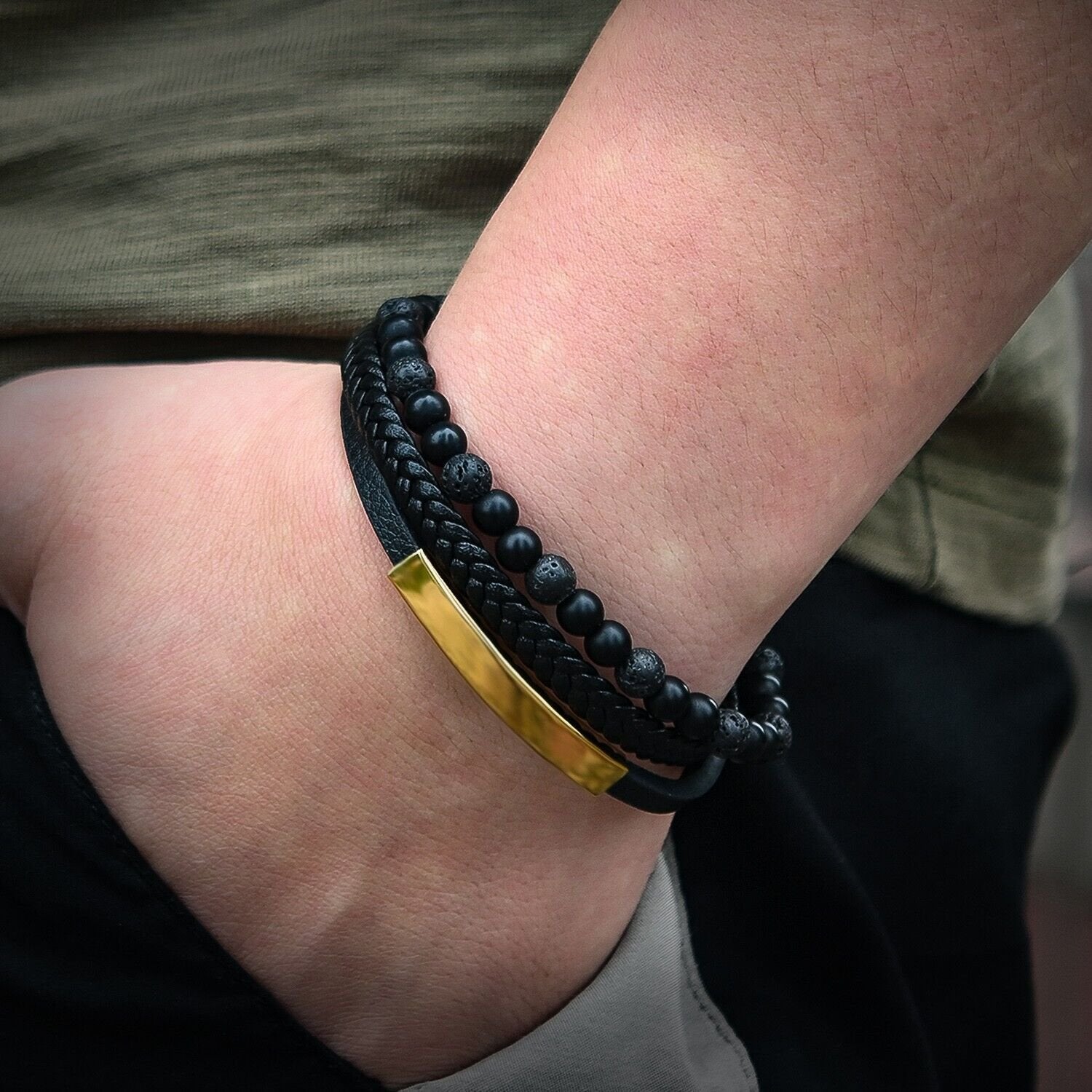 Men's Layered 18k Gold Braided Genuine Leather Black Onyx Lava Beaded Bracelet