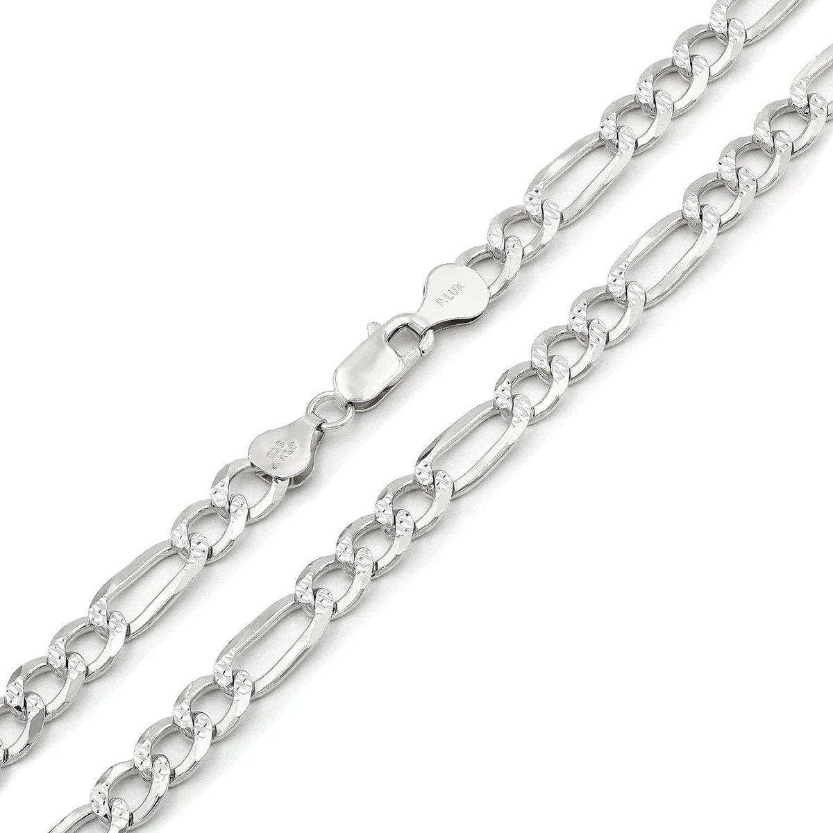 6.00mm Figaro Link Chain Diamond-Cut Pave Necklace in .925 Italy Sterling Silver