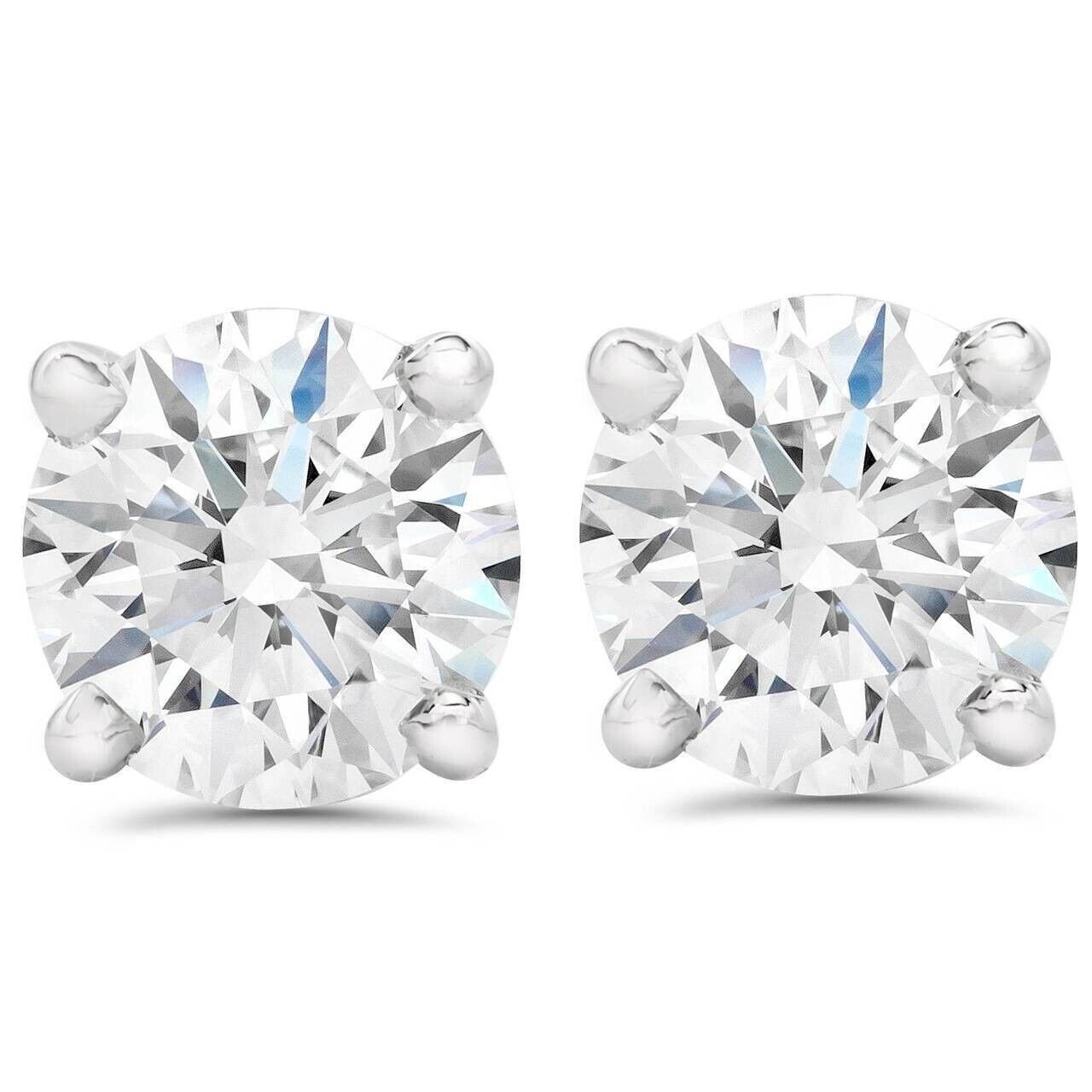 2 Carat TW Real Natural Round Diamond Solitaire Stud Earrings 14K White Gold