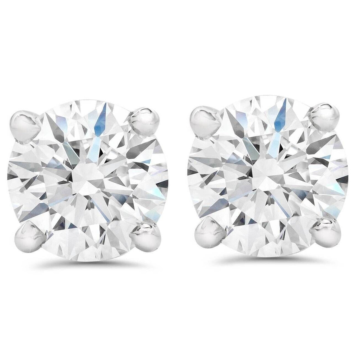 2 Carat TW Real Natural Round Diamond Solitaire Stud Earrings 14K White Gold
