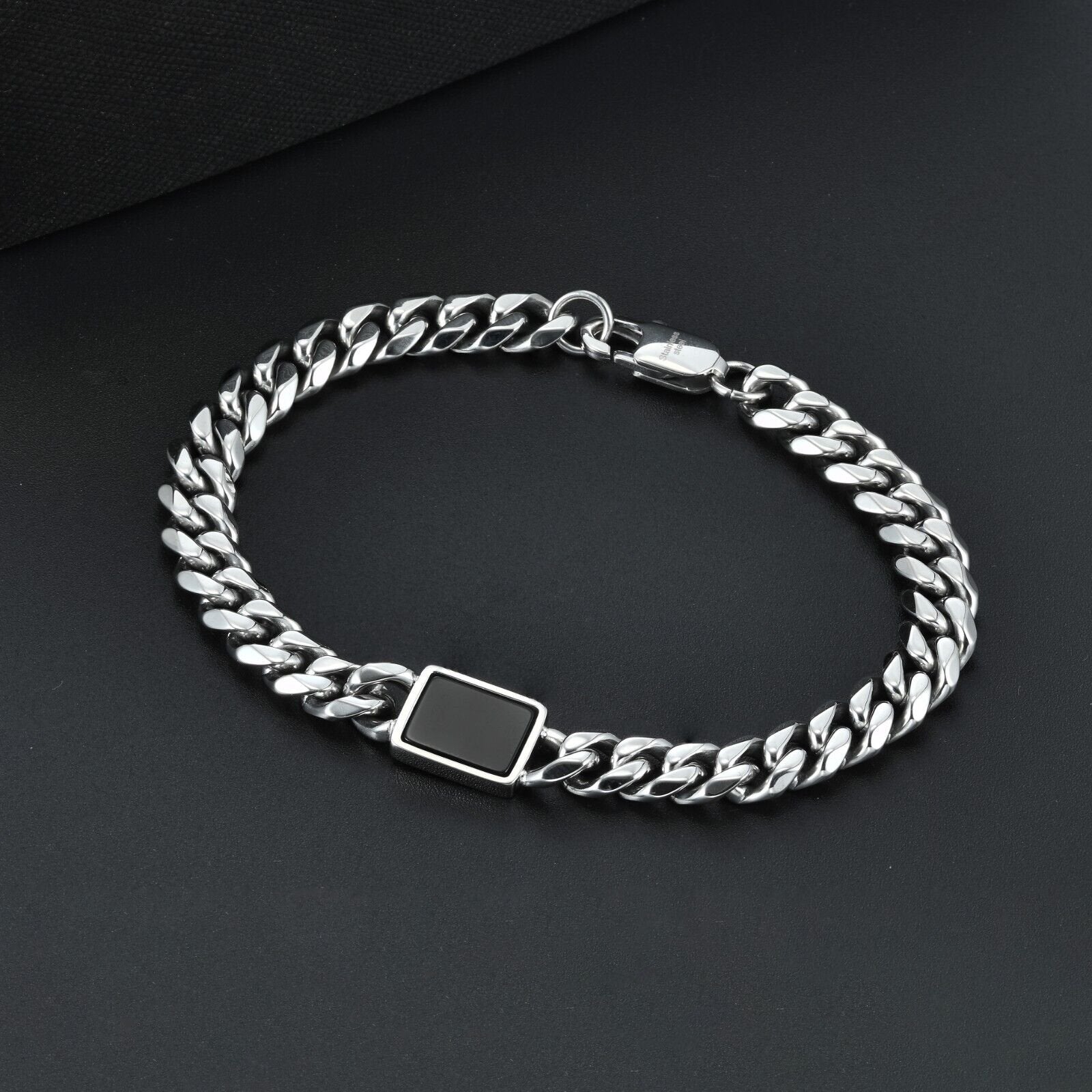 Stainless Steel 8mm Cuban Link Chain With Black Agate ID, Men's 8.5"