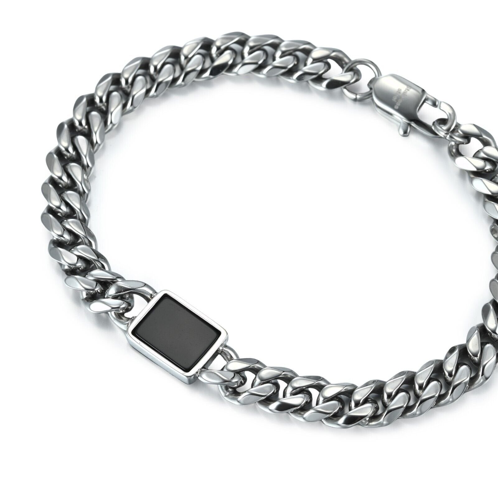 Stainless Steel 8mm Cuban Link Chain With Black Agate ID, Men's 8.5"