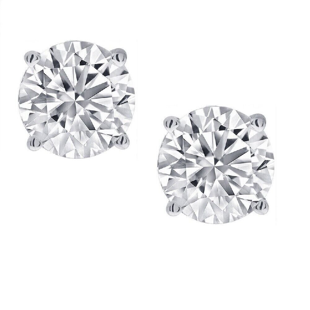 2 Carat TW Real Natural Round Diamond Solitaire Stud Earrings 14K White Gold
