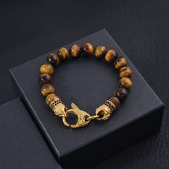 Genuine Tiger Eye 18k Gold Stainless Steel Beaded Bracelet, Men's Bracelet