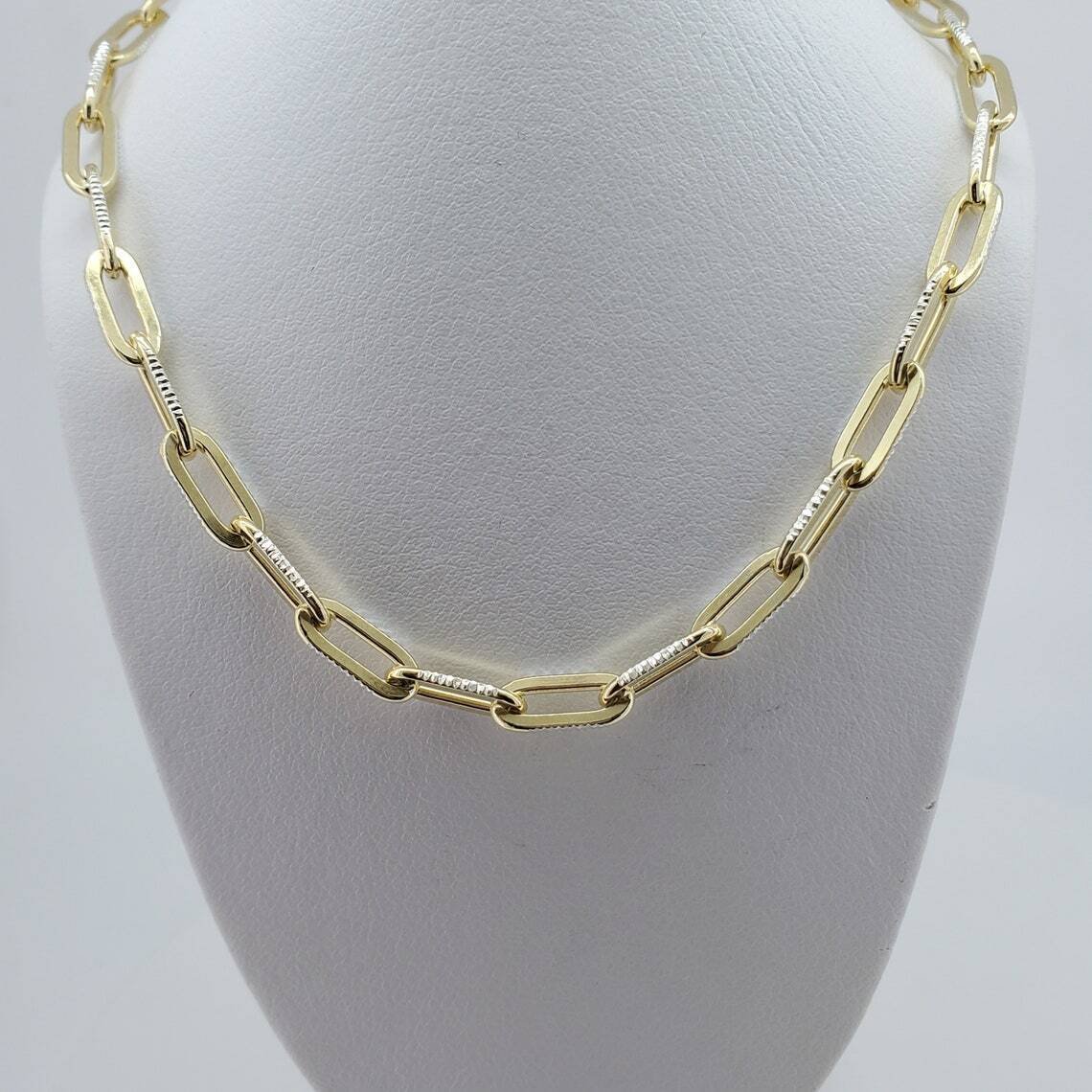 3.5mm 2-Tone Diamond Cut Paperclip Link Chain Necklace Silver 925 Italy