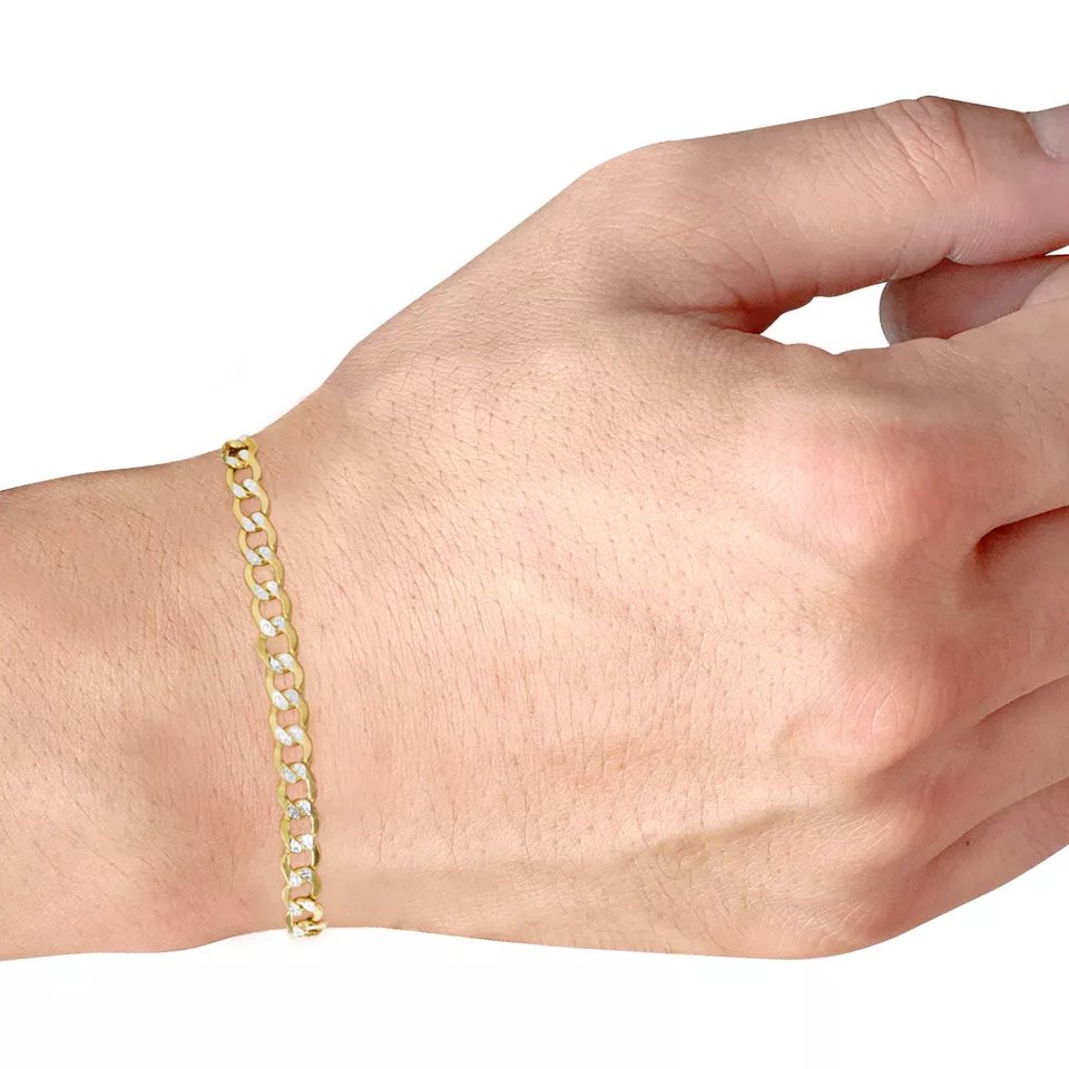 10K Yellow Gold 2.6mm Diamond Cut White Pave Cuban Curb Chain Bracelet 8''