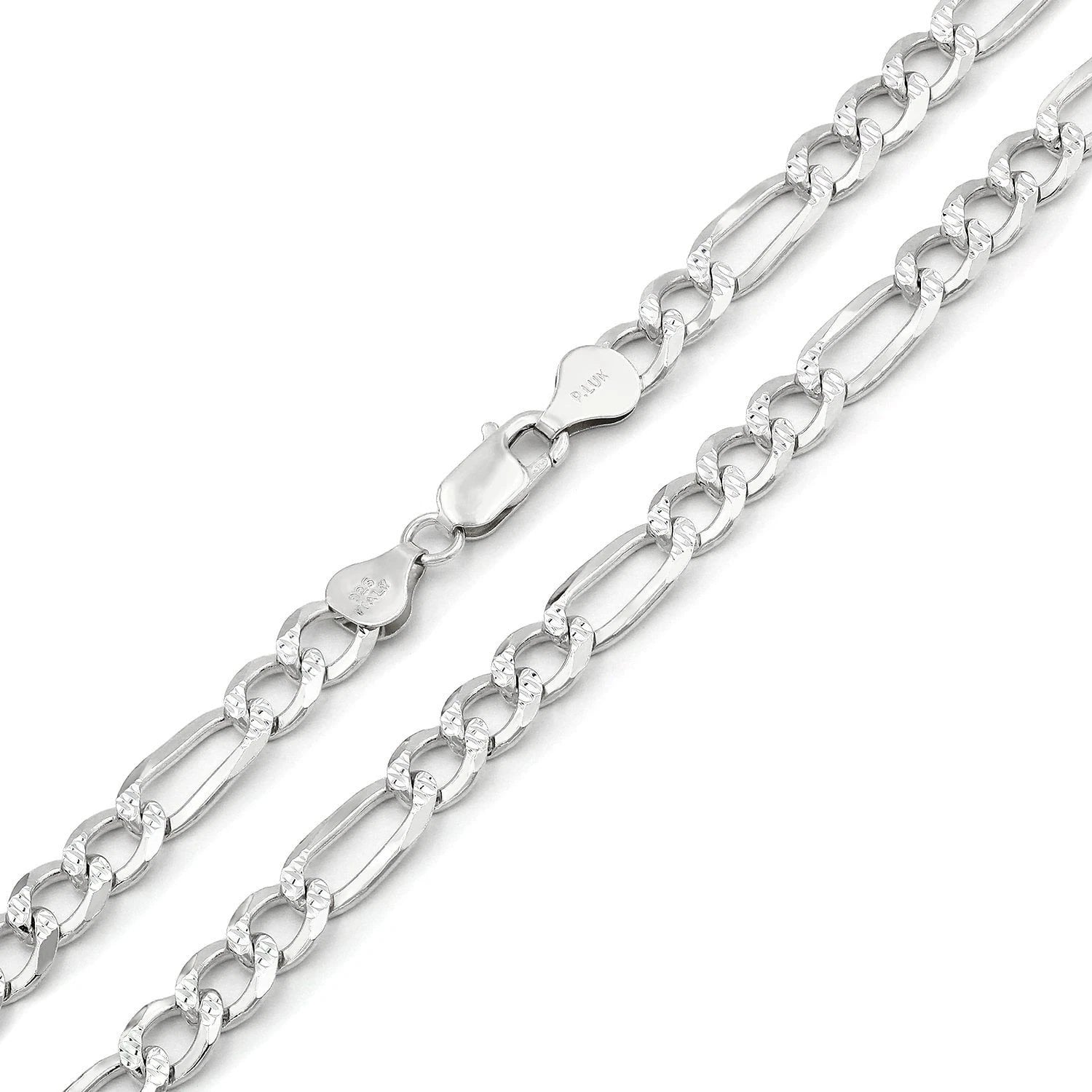 5.00mm Figaro Link Chain Diamond-Cut Pave Necklace in .925 Italy Sterling Silver