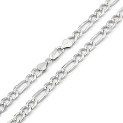 5.00mm Figaro Link Chain Diamond-Cut Pave Necklace in .925 Italy Sterling Silver