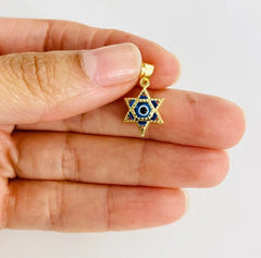 14k Solid Gold Blue Star Of David Murano Glass Evil Eye Pendant, 14k Gold