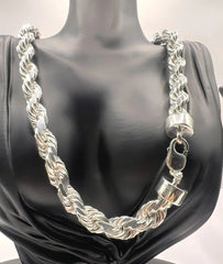 Solid 925 Sterling Silver Italian Rope Chain Mens Necklace 11.5mm Diamond Cut