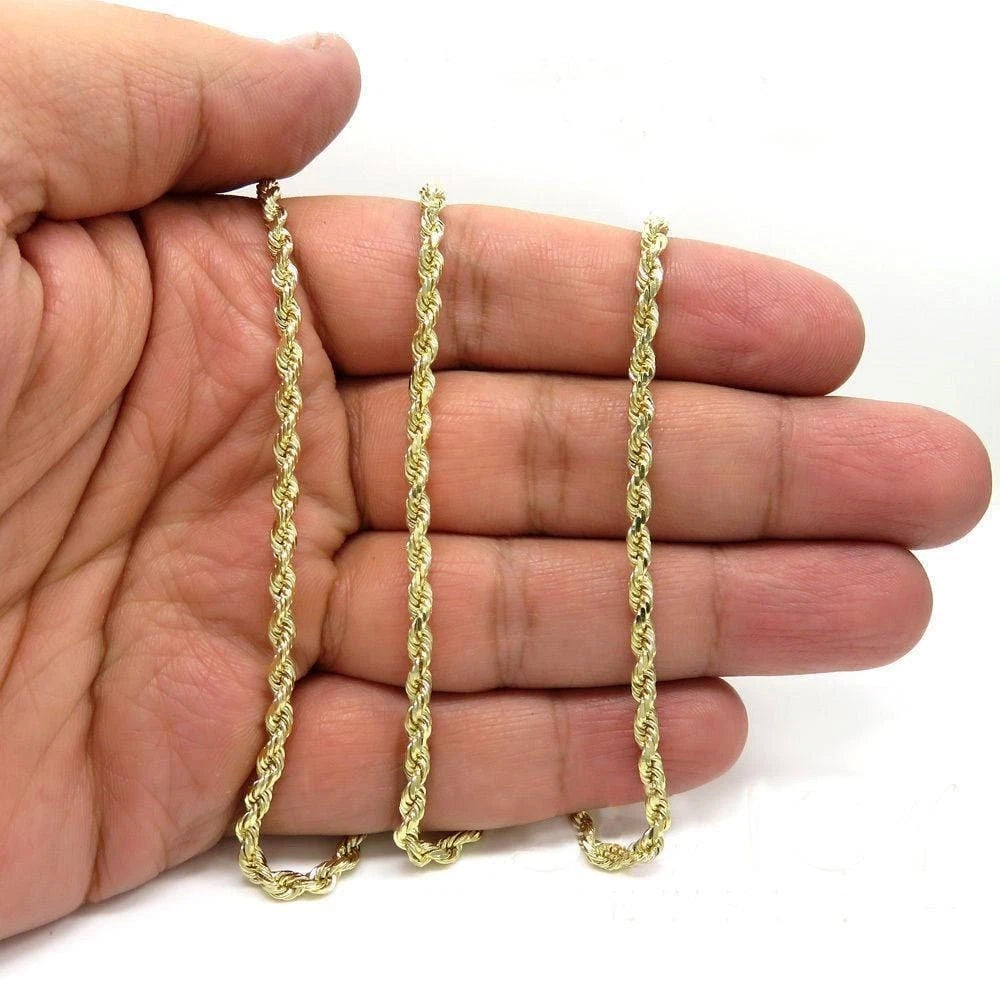 Solid 14K Yellow Gold Diamond-Cut Rope Chain Necklace