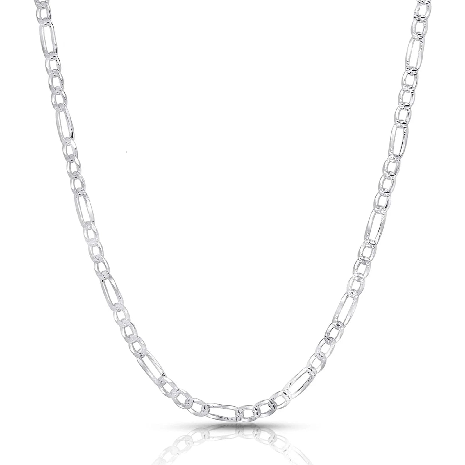 3.00mm Figaro Link Chain Diamond-Cut Pave Necklace in .925 Italy Sterling Silver