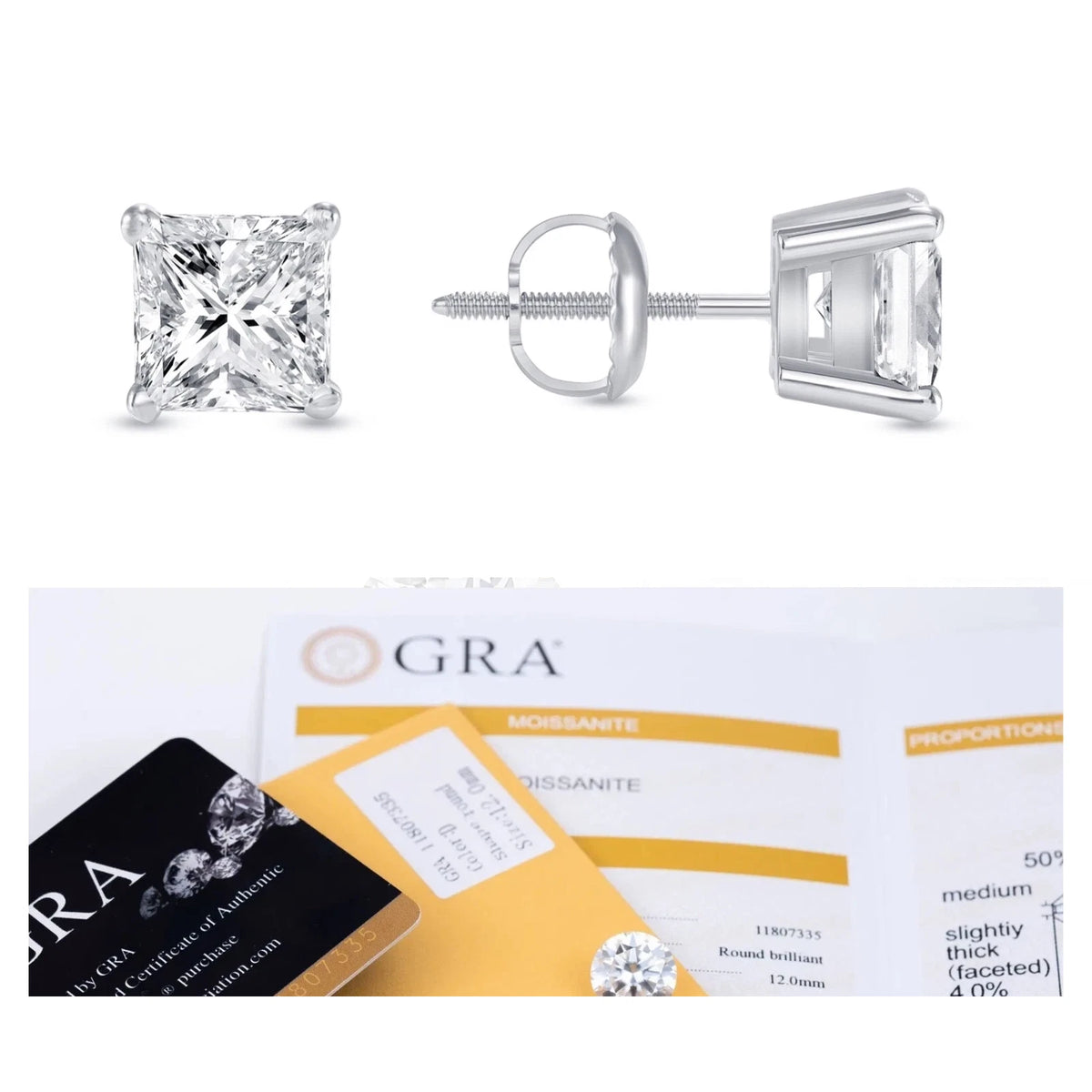 Real MOISSANITE Square Princess Stud Earrings Unisex 925 Silver Passes Tester
