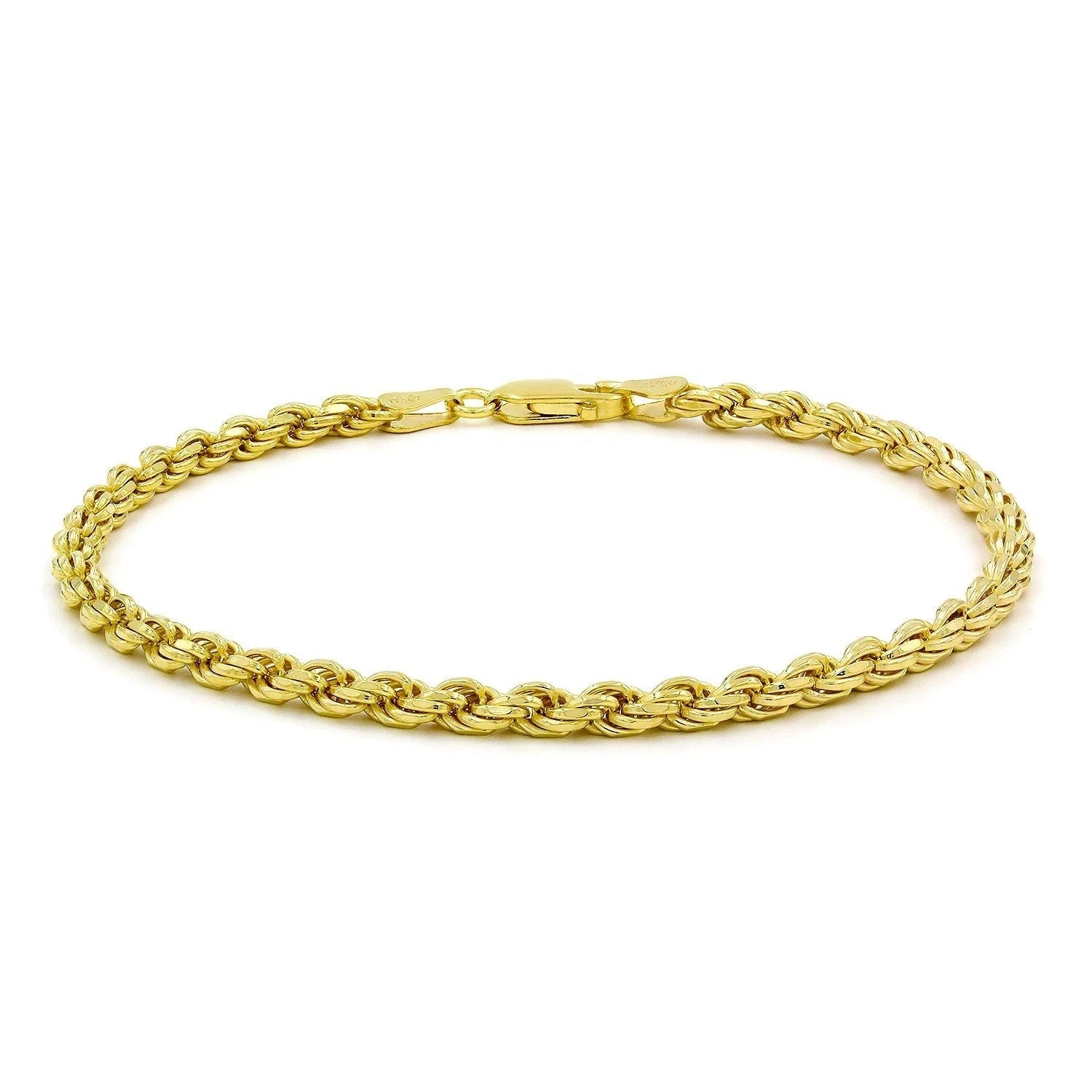 Men's Women's Real 14k Gold Plated Solid 925 Sterling Silver Rope Bracelet 3.2mm