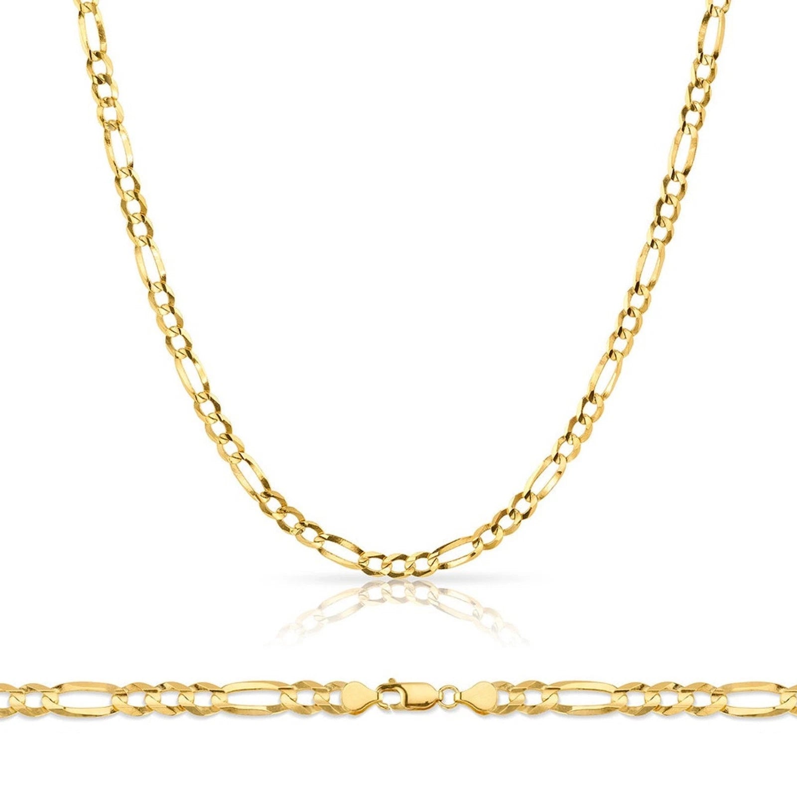 Fully Solid 14K Yellow Gold Figaro Chain Necklace 